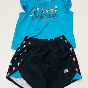 Skechers Blue Top and Black Shorts Set with Colorful Hearts